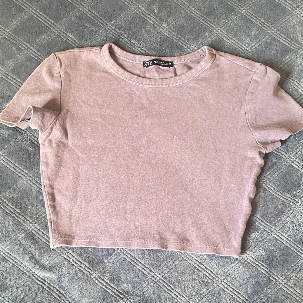 Zara Light Pink Ribbed Crewneck Crop Top